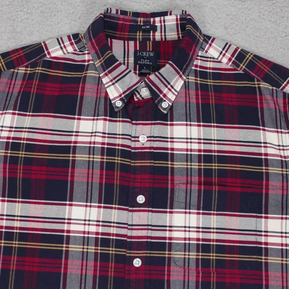 J Crew Oxford Shirt Mens Large SLIM Fit Red Navy Blue Plaid Long Sleeve